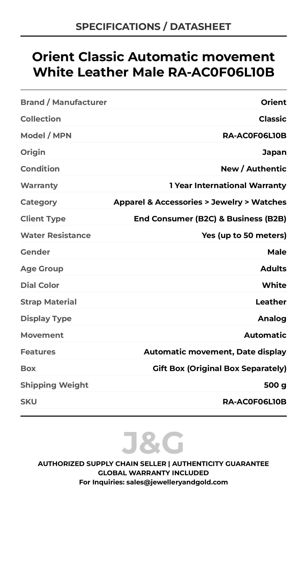 Orient Classic Automatic movement White Leather Male RA-AC0F06L10B - Specifications