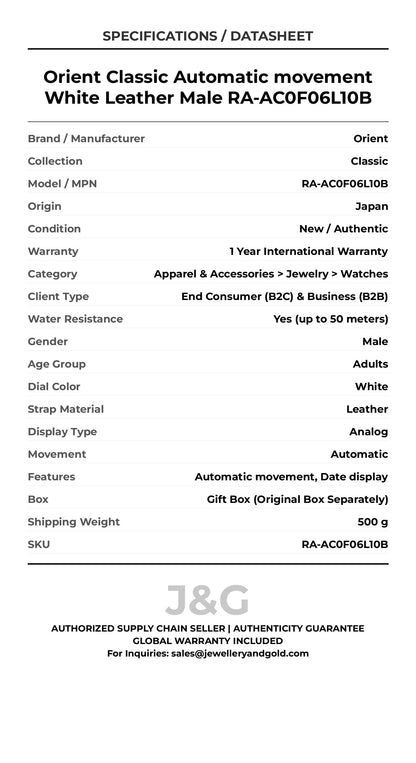Orient Classic Automatic movement White Leather Male RA-AC0F06L10B - Specifications