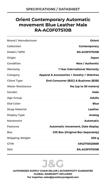 Orient Contemporary Automatic movement Blue Leather Male RA-AC0F07S10B - Specifications