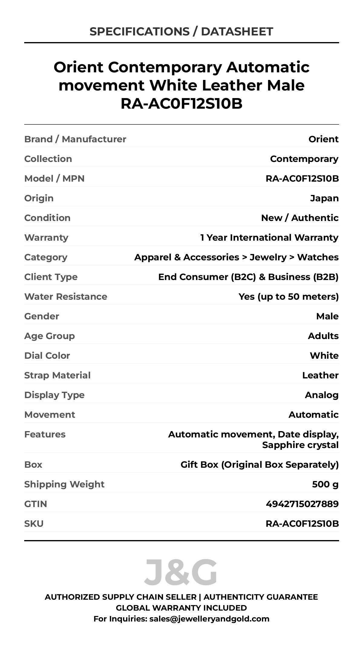 Orient Contemporary Automatic movement White Leather Male RA-AC0F12S10B - Specifications