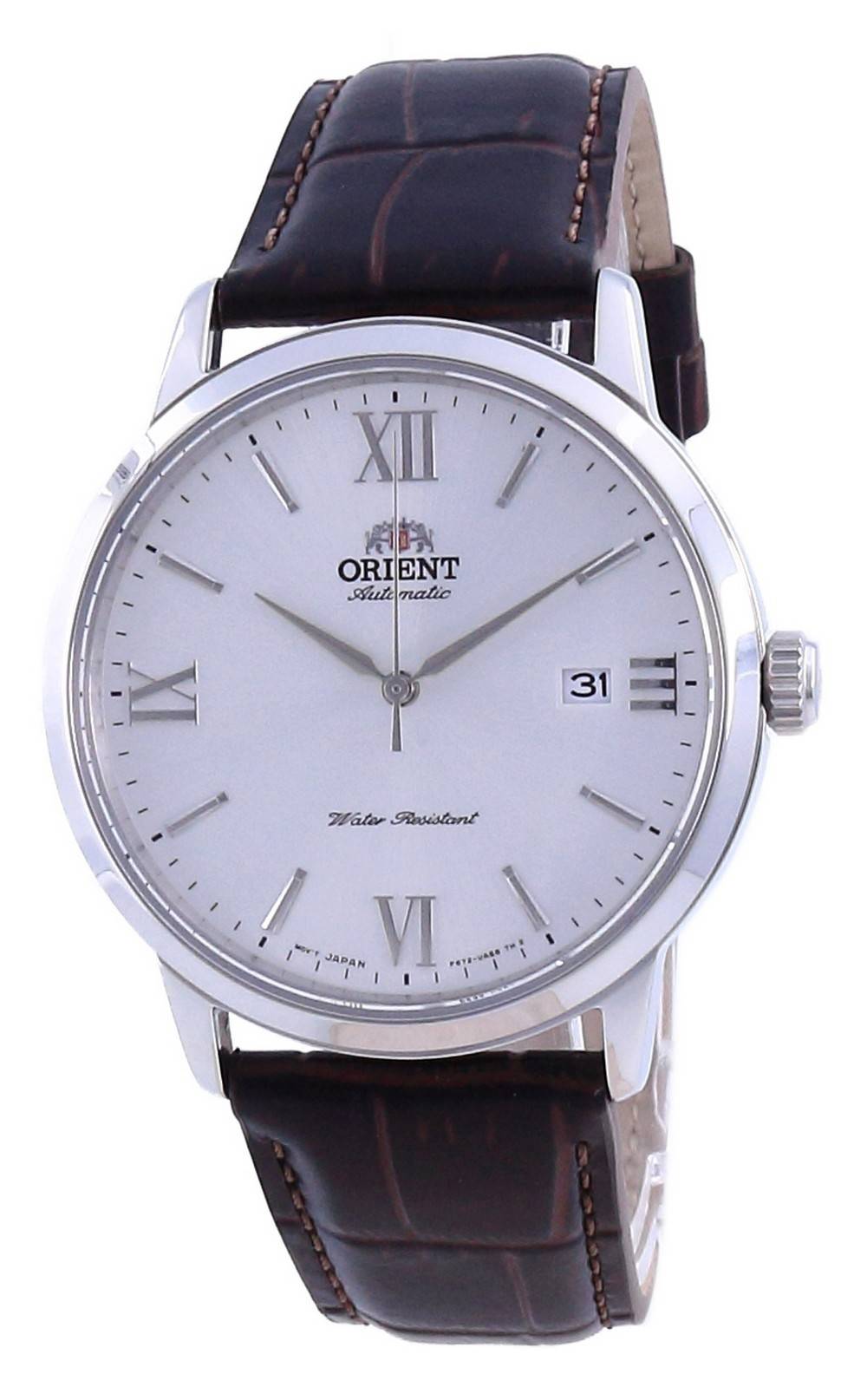 Orient Contemporary Automatic movement White Leather Male RA-AC0F12S10B. A brand-new Orient Contemporary watch featuring a White dial and a Leather strap. Side view.
