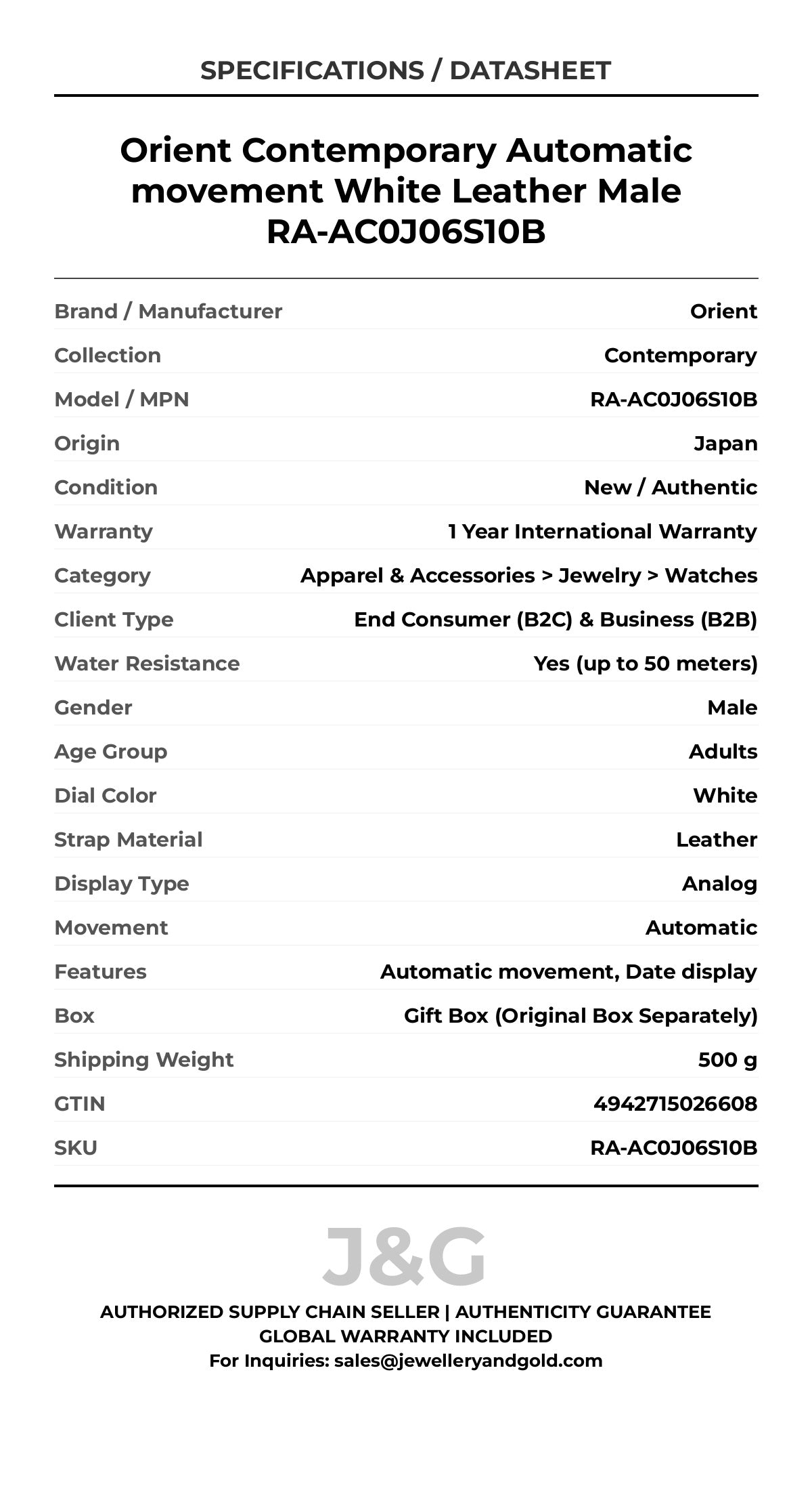 Orient Contemporary Automatic movement White Leather Male RA-AC0J06S10B - Specifications