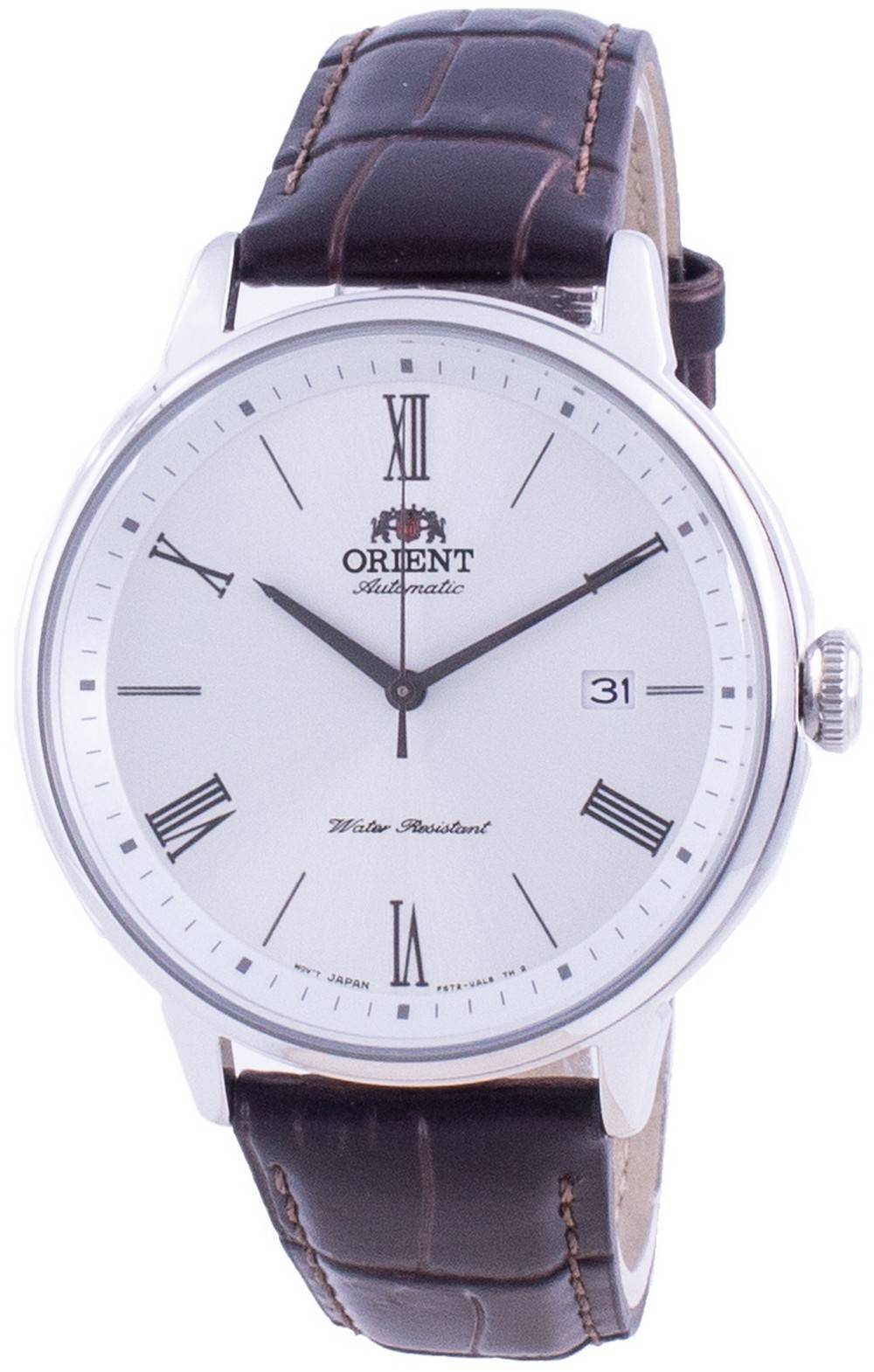 Orient Contemporary Automatic movement White Leather Male RA-AC0J06S10B. A brand-new Orient Contemporary watch featuring a White dial and a Leather strap. Side view.