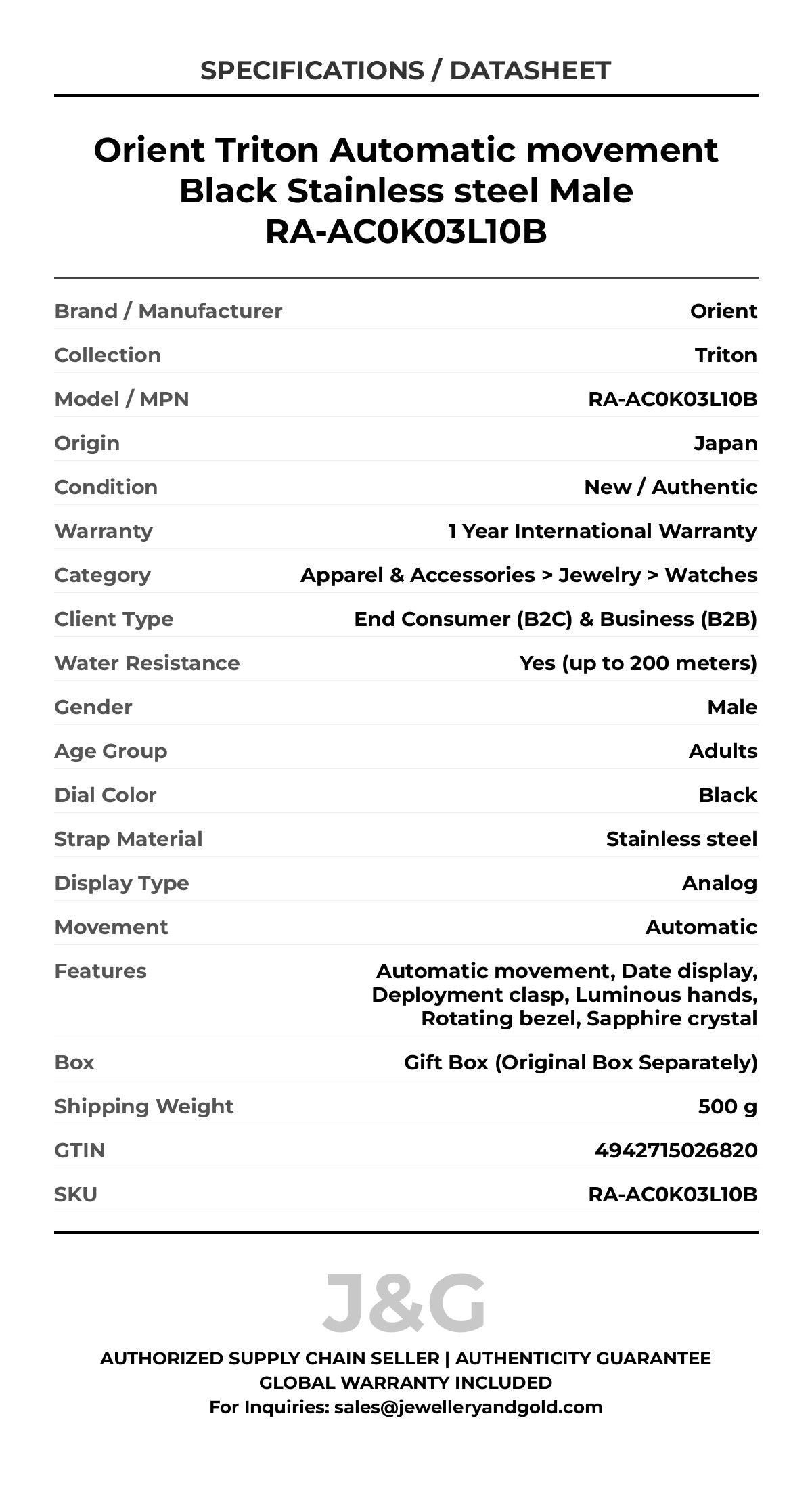 Orient Triton Automatic movement Black Stainless steel Male RA-AC0K03L10B - Specifications