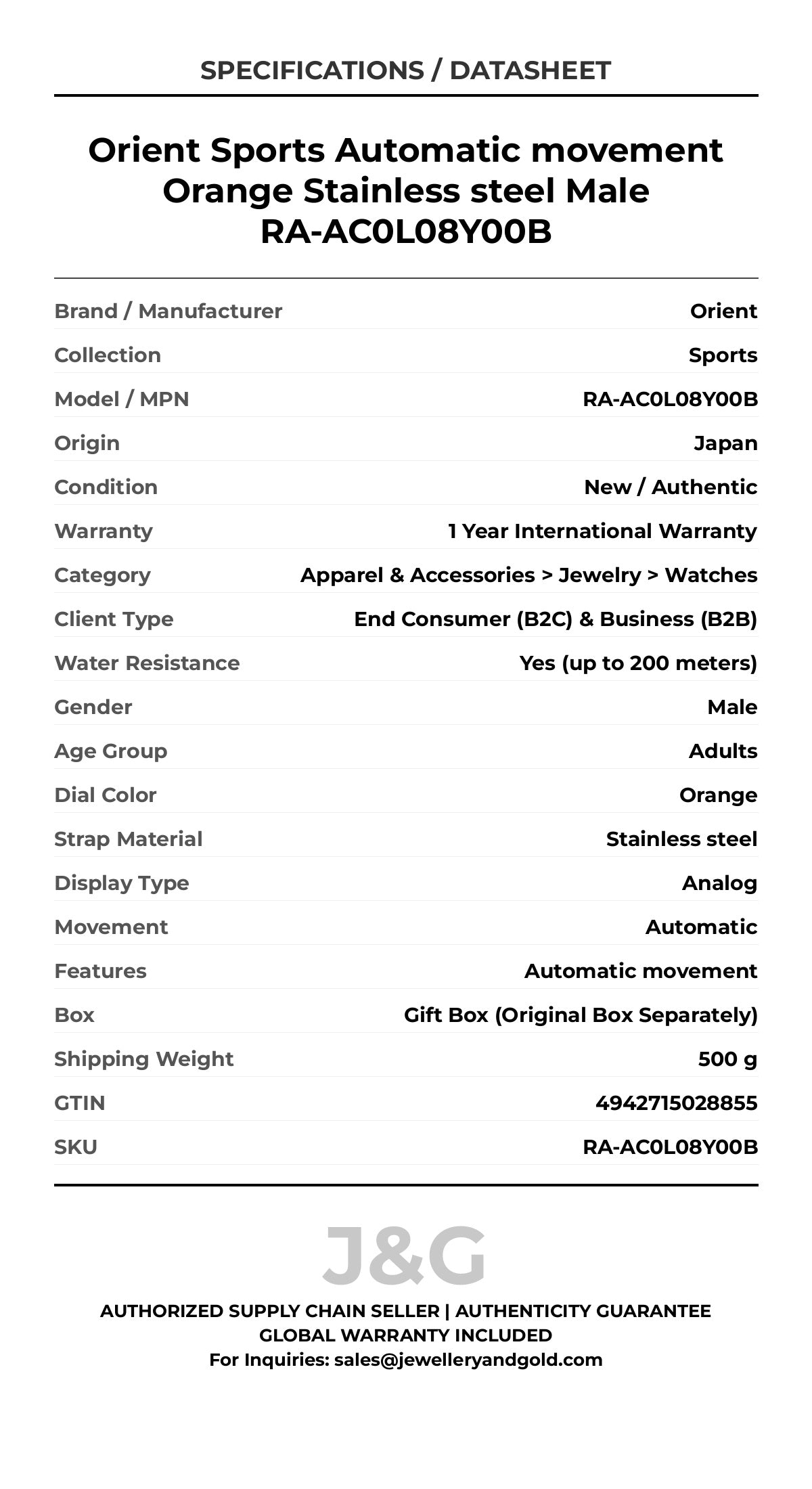 Orient Sports Automatic movement Orange Stainless steel Male RA-AC0L08Y00B - Specifications