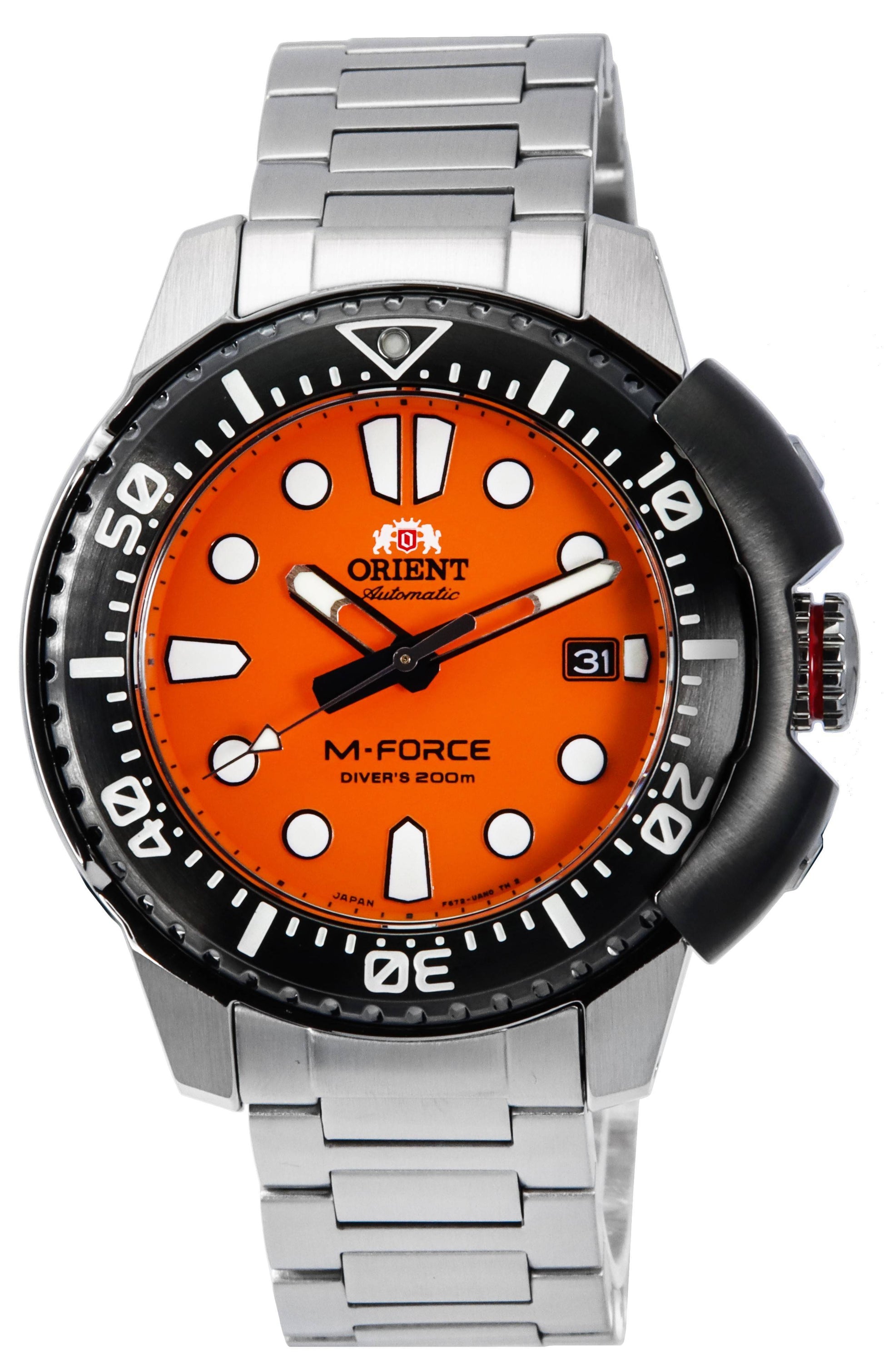 Orient Sports Automatic movement Orange Stainless steel Male RA-AC0L08Y00B. A brand-new Orient Sports watch featuring a Orange dial and a Stainless steel strap. Side view.