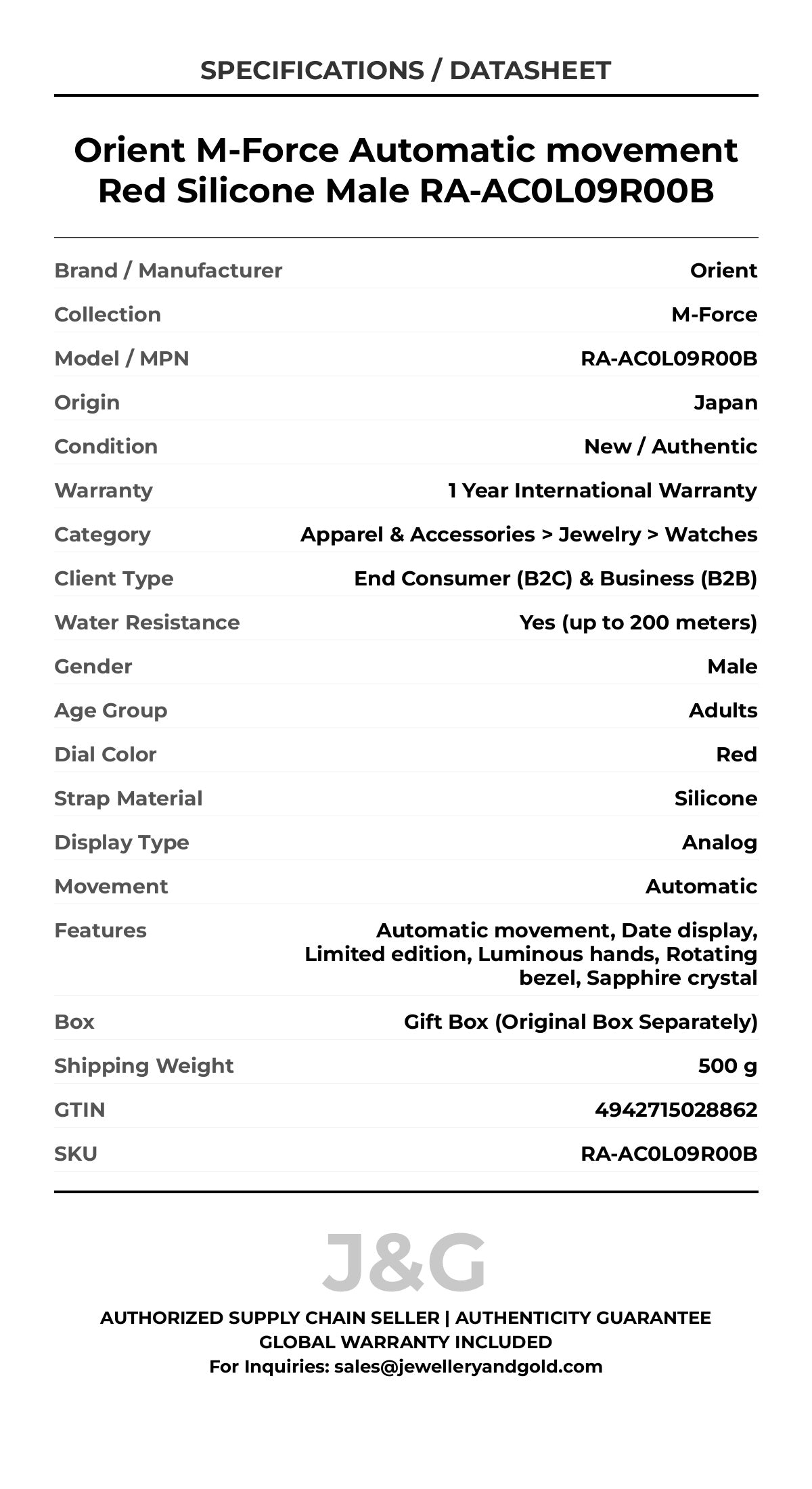 Orient M-Force Automatic movement Red Silicone Male RA-AC0L09R00B - Specifications