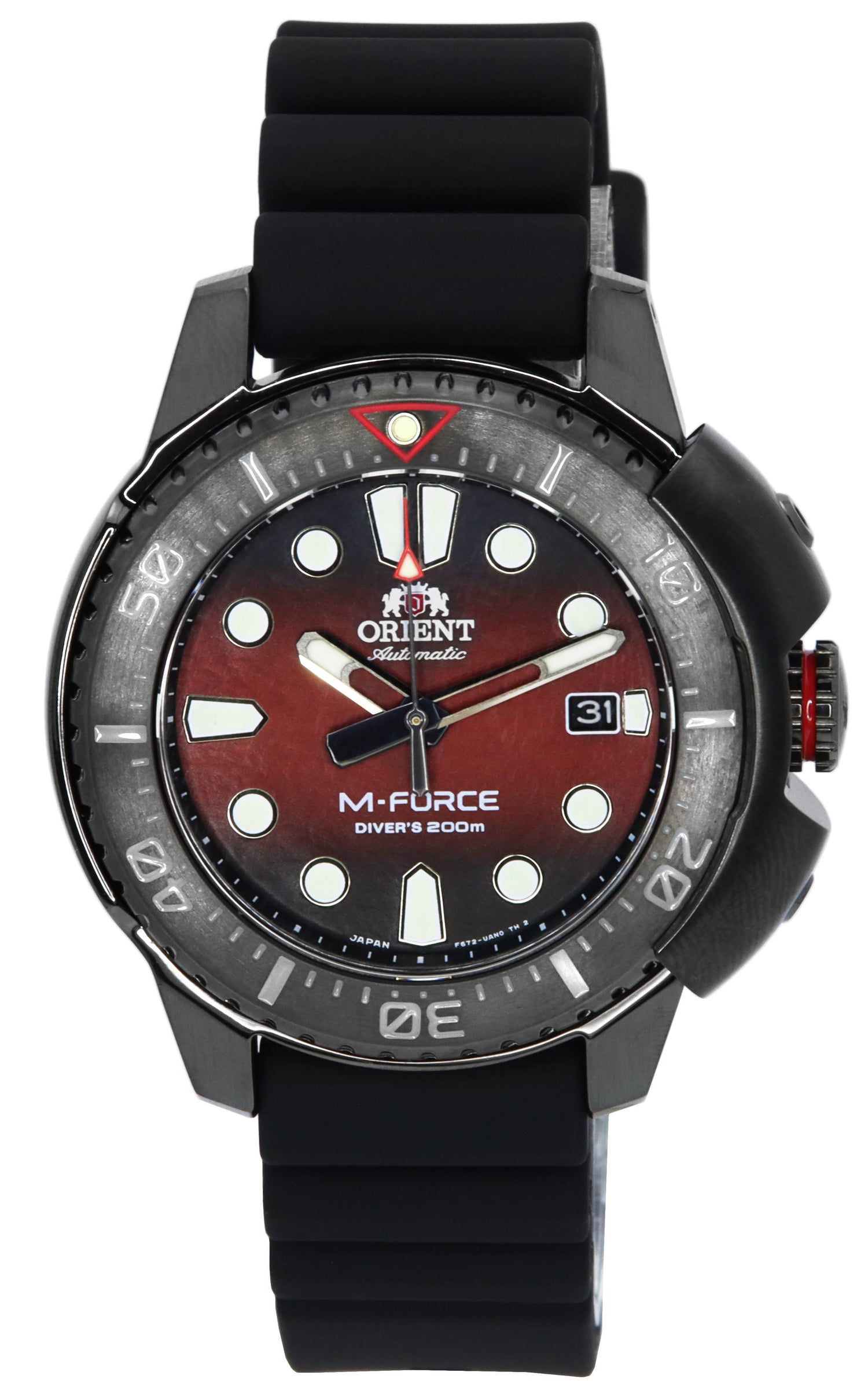 Orient M-Force Automatic movement Red Silicone Male RA-AC0L09R00B. A brand-new Orient M-Force watch featuring a Red dial and a Silicone strap. Side view.