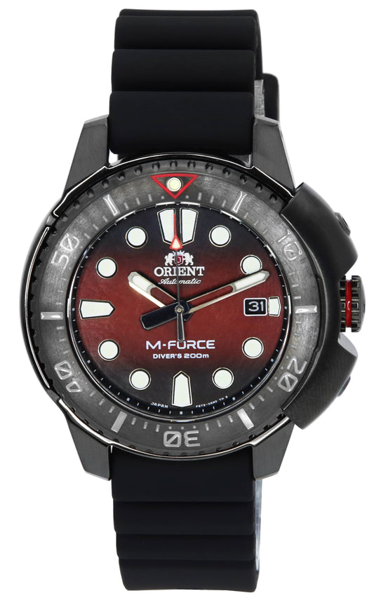 Orient M-Force Automatic movement Red Silicone Male RA-AC0L09R00B. A brand-new Orient M-Force watch featuring a Red dial and a Silicone strap. Side view.