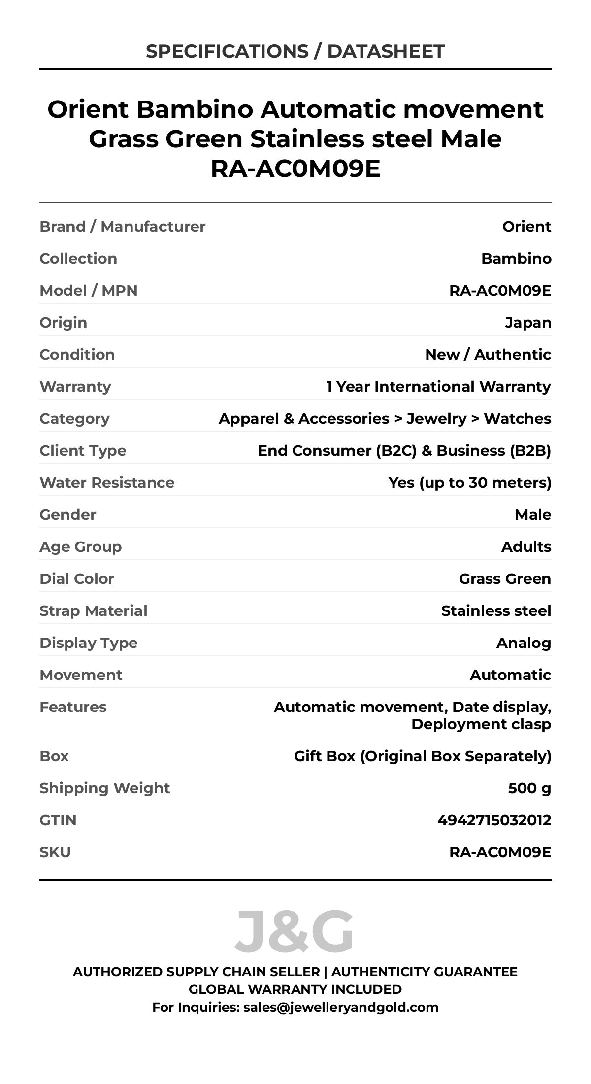Orient Bambino Automatic movement Grass Green Stainless steel Male RA-AC0M09E - Specifications