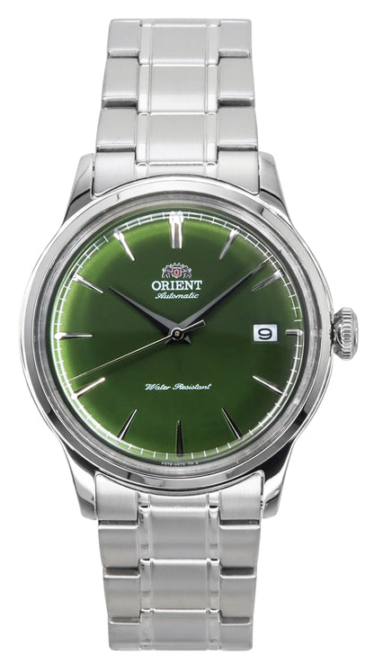Orient Bambino Automatic movement Grass Green Stainless steel Male RA-AC0M09E. A brand-new Orient Bambino watch featuring a Grass Green dial and a Stainless steel strap. Side view.