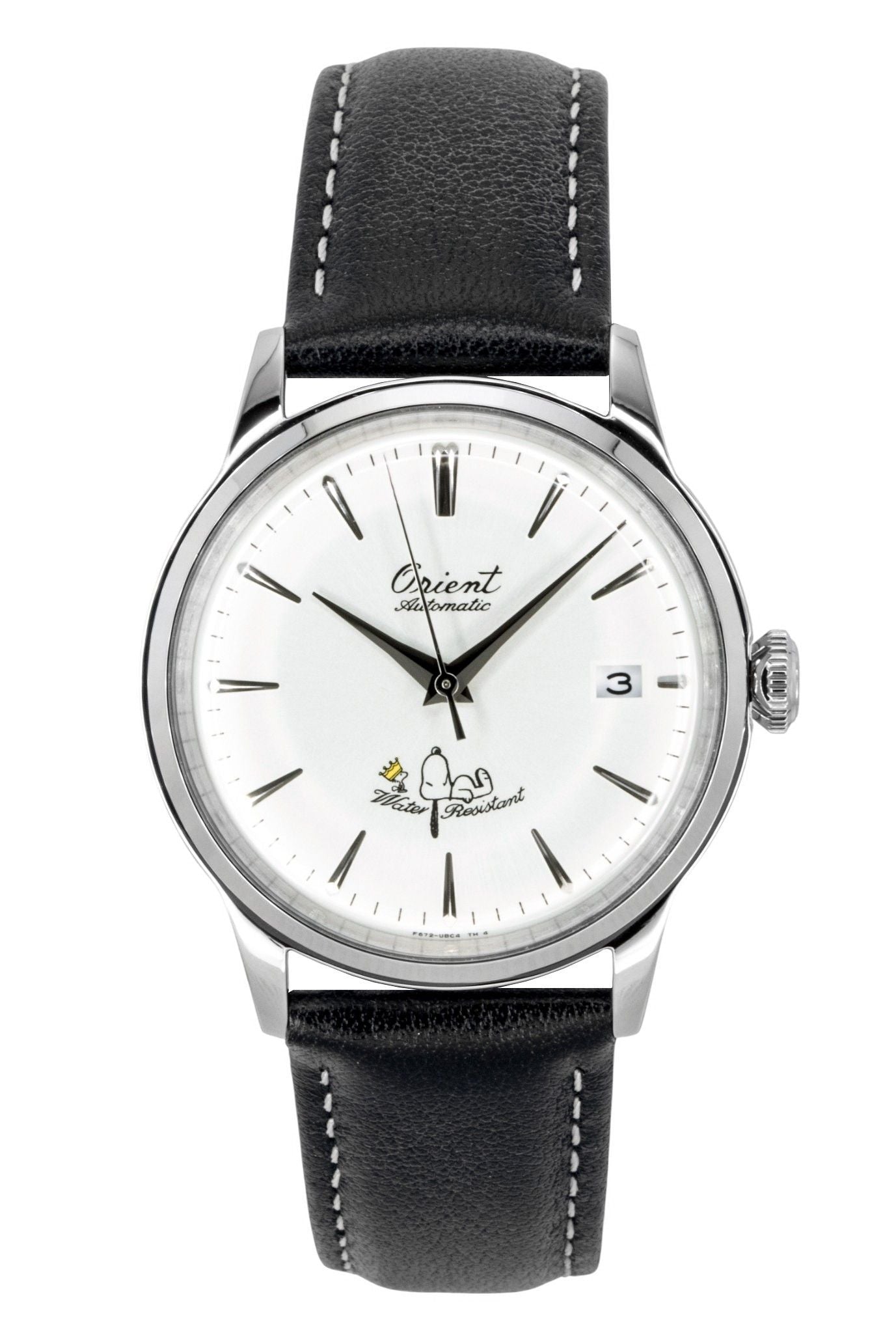 Orient Bambino Automatic movement White Leather Male RA-AC0M16S. A brand-new Orient Bambino watch featuring a White dial and a Leather strap. Side view.