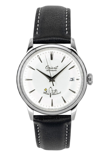 Orient Bambino Automatic movement White Leather Male RA-AC0M16S. A brand-new Orient Bambino watch featuring a White dial and a Leather strap. Side view.