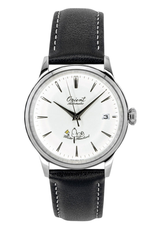 Orient Bambino Automatic movement White Leather Male RA-AC0M16S. A brand-new Orient Bambino watch featuring a White dial and a Leather strap. Side view.