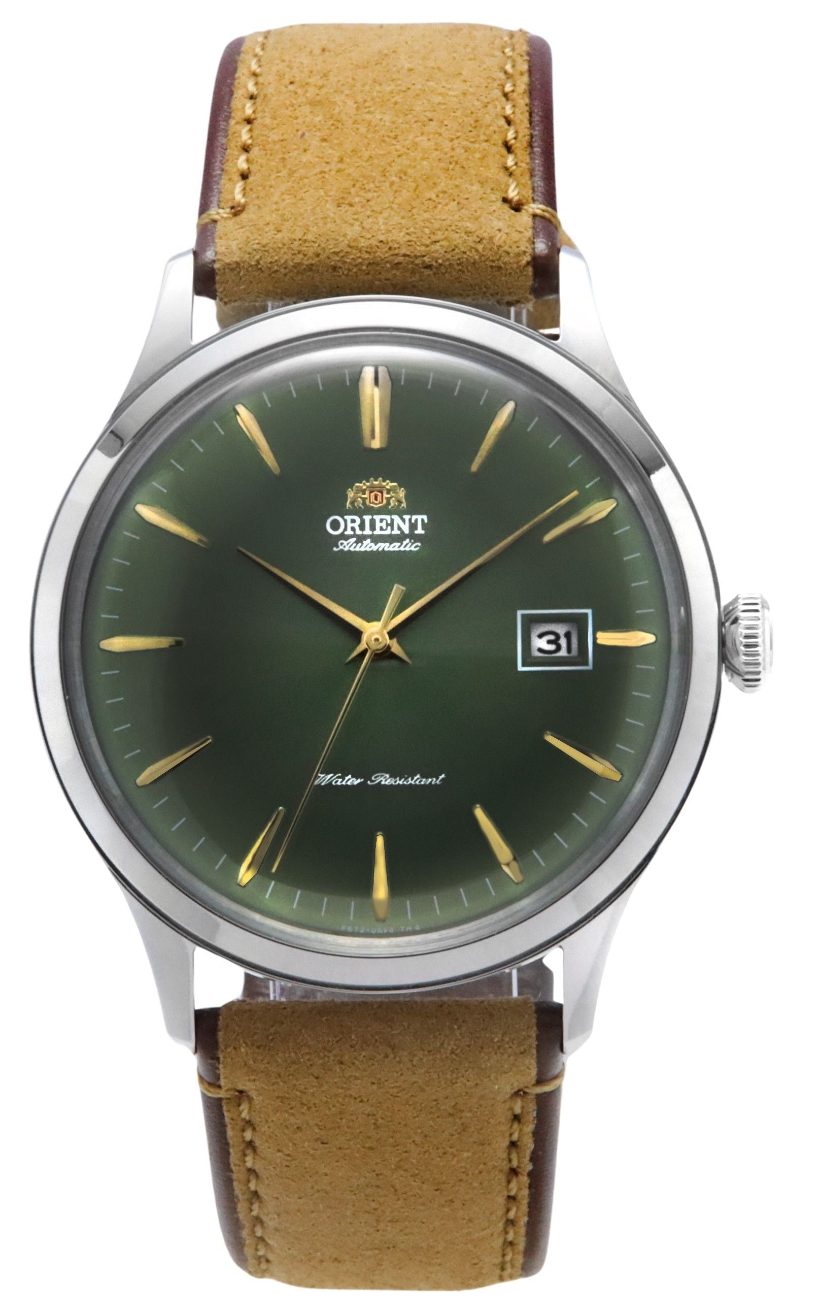 Orient Bambino Automatic movement Green Leather Male RA-AC0P01E10B. A brand-new Orient Bambino watch featuring a Green dial and a Leather strap. Side view.