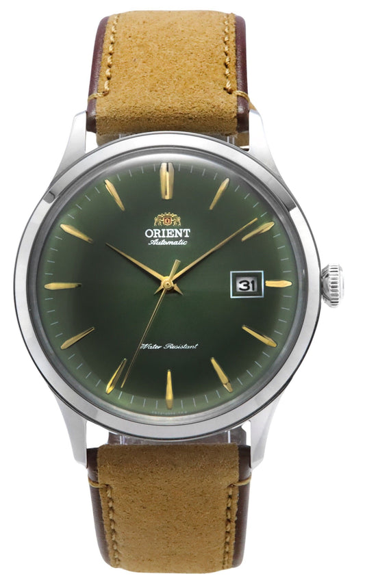 Orient Bambino Automatic movement Green Leather Male RA-AC0P01E10B. A brand-new Orient Bambino watch featuring a Green dial and a Leather strap. Side view.