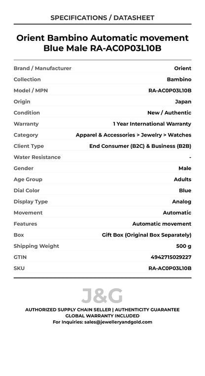 Orient Bambino Automatic movement Blue Male RA-AC0P03L10B - Specifications