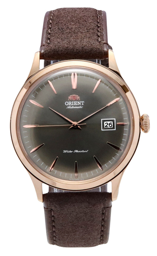 Orient Bambino Automatic movement Bronze Leather Male RA-AC0P04Y10B. A brand-new Orient Bambino watch featuring a Bronze dial and a Leather strap. Side view.