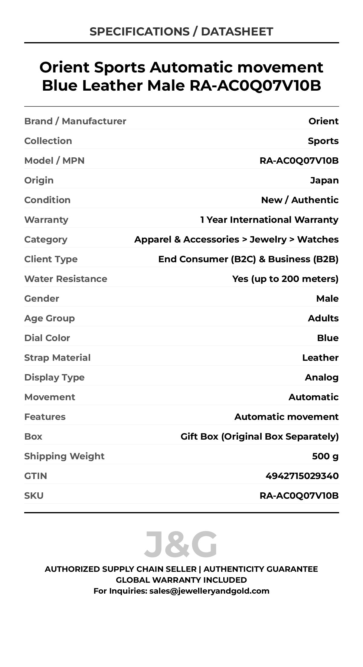 Orient Sports Automatic movement Blue Leather Male RA-AC0Q07V10B - Specifications