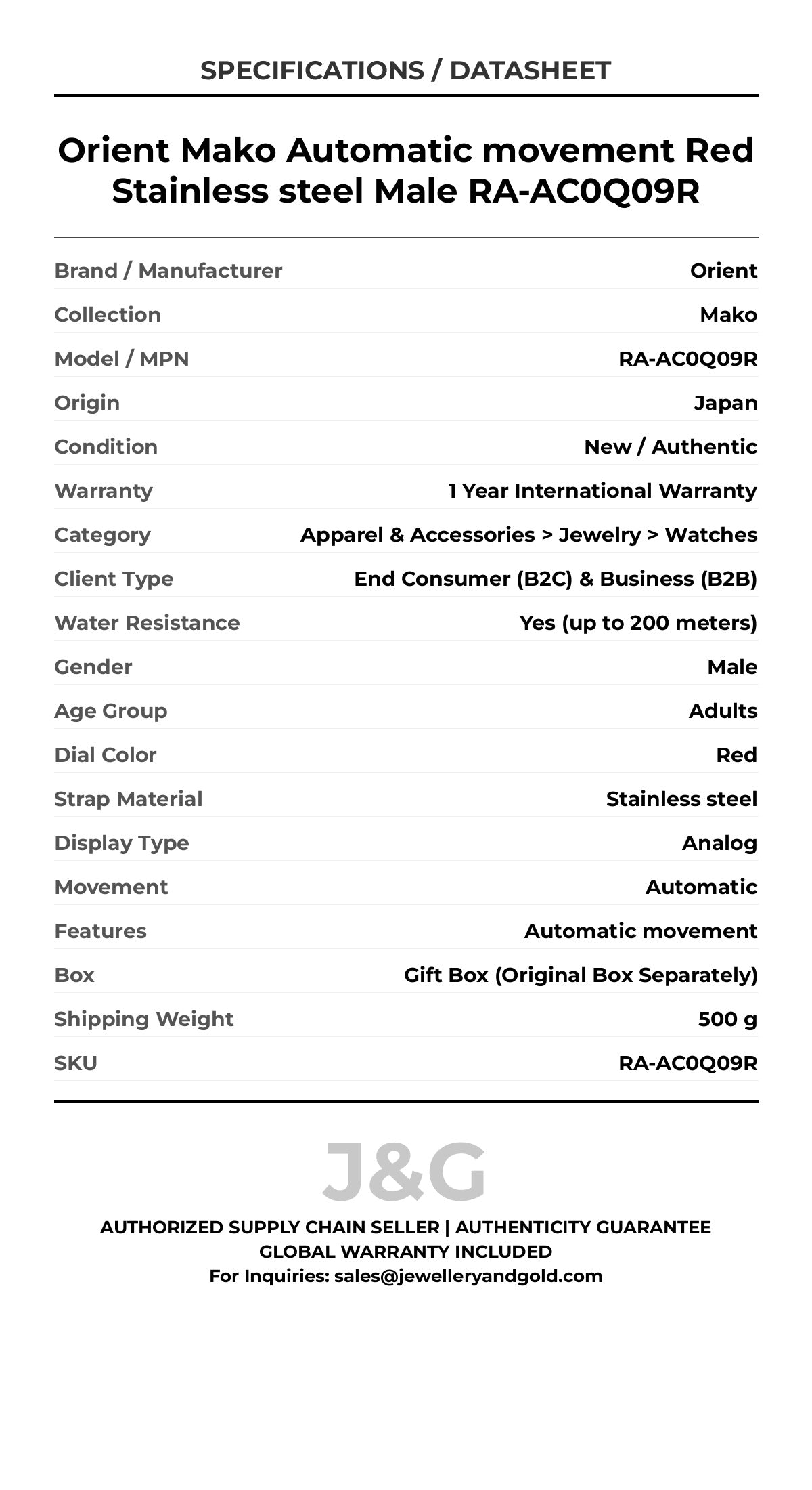 Orient Mako Automatic movement Red Stainless steel Male RA-AC0Q09R - Specifications
