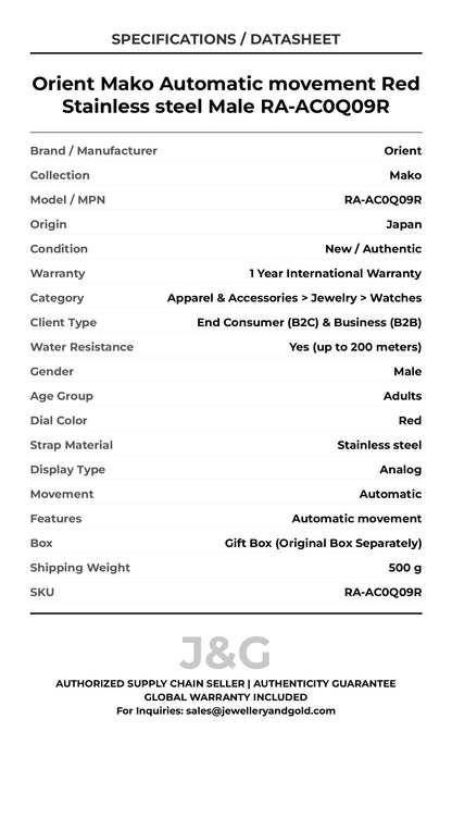 Orient Mako Automatic movement Red Stainless steel Male RA-AC0Q09R - Specifications