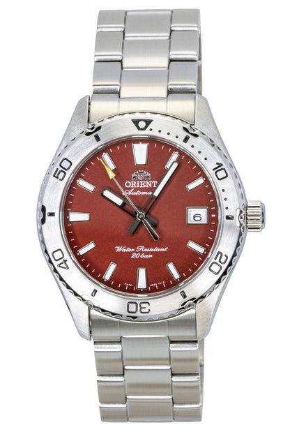 Orient Mako Automatic movement Red Stainless steel Male RA-AC0Q09R. A brand-new Orient Mako watch featuring a Red dial and a Stainless steel strap. Angled view.