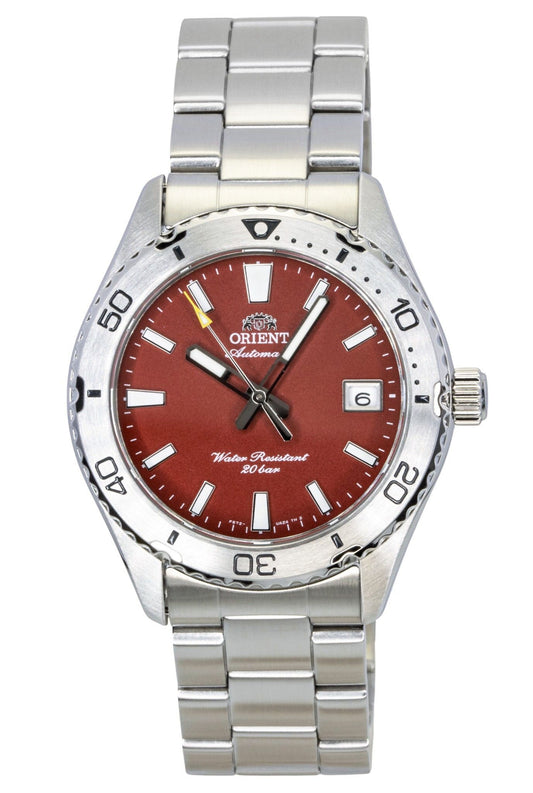 Orient Mako Automatic movement Red Stainless steel Male RA-AC0Q09R. A brand-new Orient Mako watch featuring a Red dial and a Stainless steel strap. Angled view.
