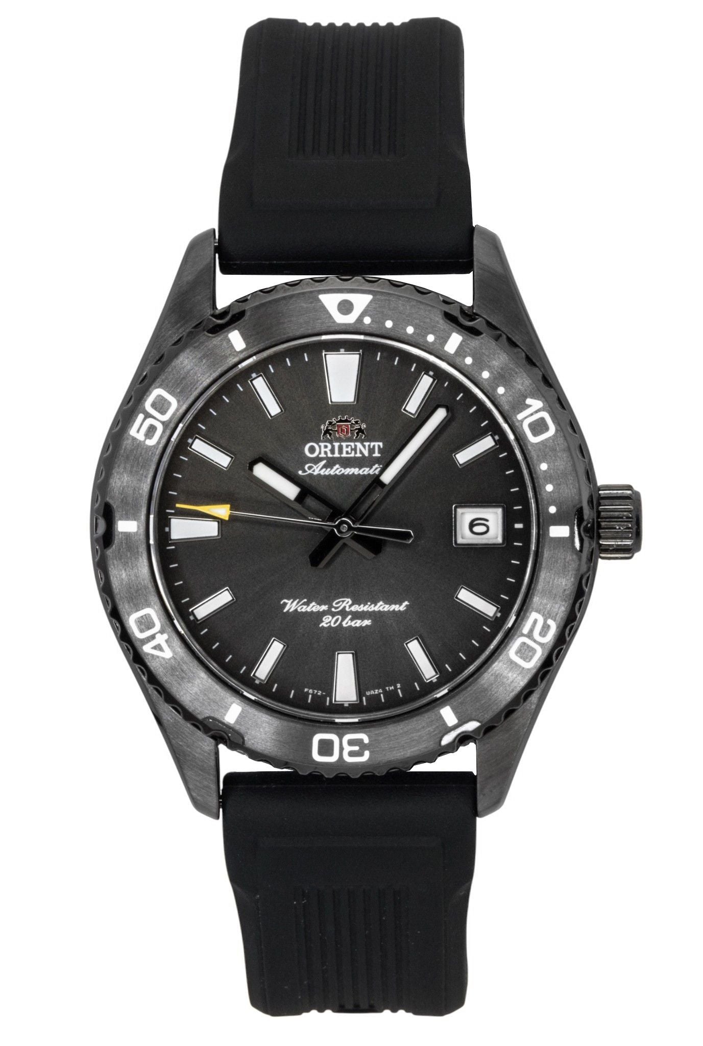 Orient Mako Automatic movement Black Silicone Male RA-AC0Q10N. A brand-new Orient Mako watch featuring a Black dial and a Silicone strap. Side view.