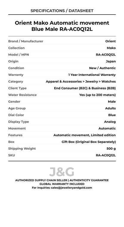 Orient Mako Automatic movement Blue Male RA-AC0Q12L - Specifications