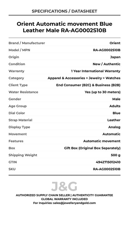 Orient Automatic movement Blue Leather Male RA-AG0002S10B - Specifications