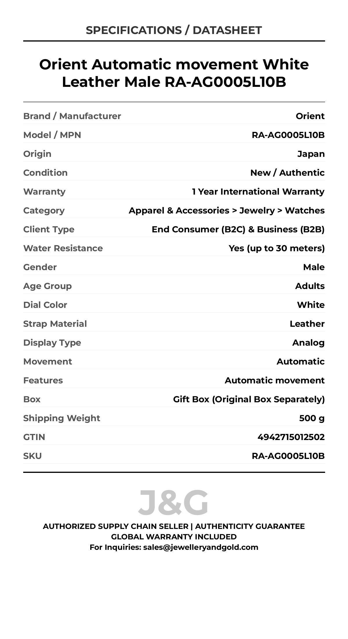 Orient Automatic movement White Leather Male RA-AG0005L10B - Specifications