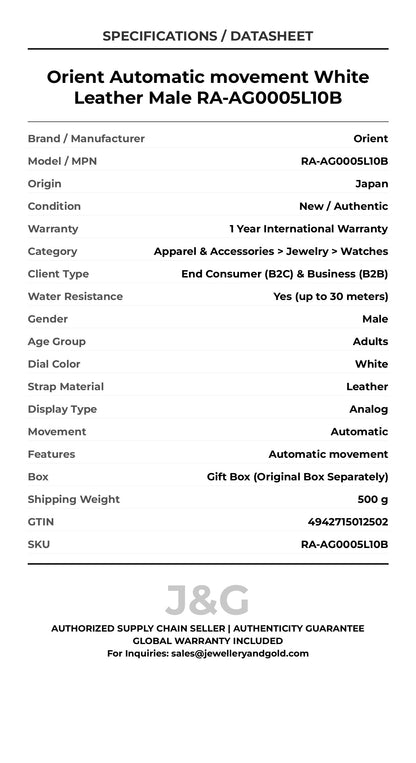 Orient Automatic movement White Leather Male RA-AG0005L10B - Specifications