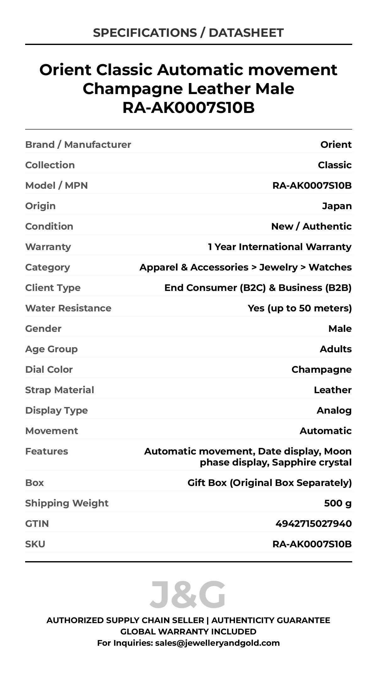 Orient Classic Automatic movement Champagne Leather Male RA-AK0007S10B - Specifications