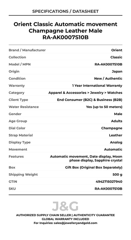 Orient Classic Automatic movement Champagne Leather Male RA-AK0007S10B - Specifications