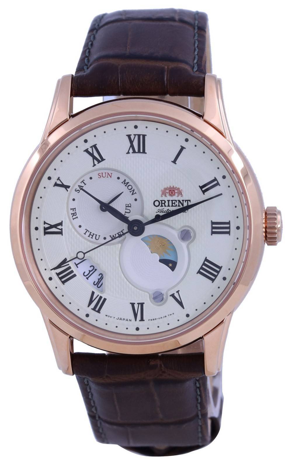Orient Classic Automatic movement Champagne Leather Male RA-AK0007S10B. A brand-new Orient Classic watch featuring a Champagne dial and a Leather strap. Angled view.