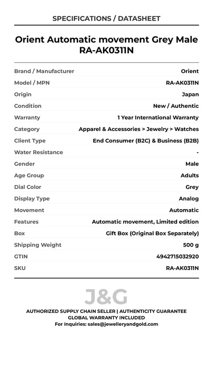 Orient Automatic movement Grey Male RA-AK0311N - Specifications