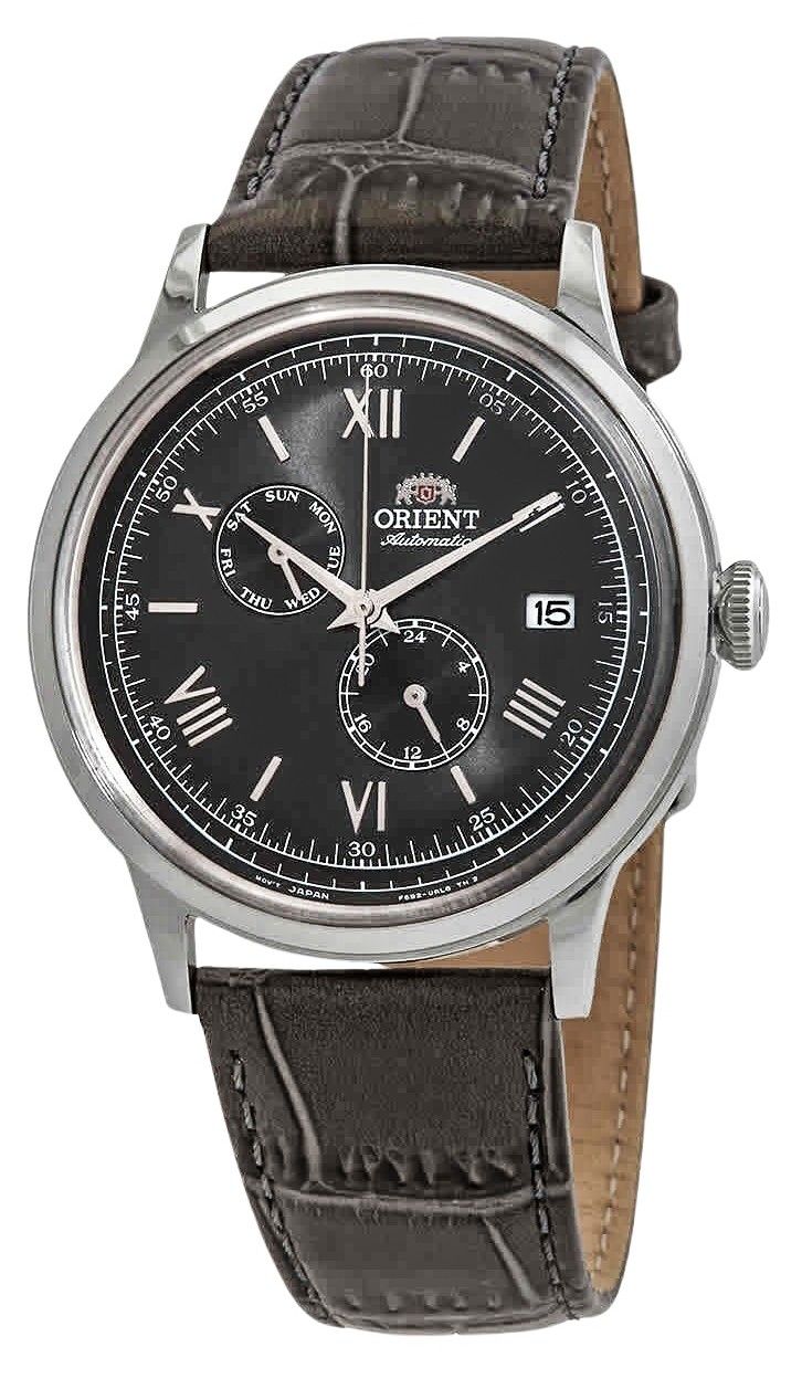 Orient Bambino Automatic movement Grey Leather Male RA-AK0704N10B. A brand-new Orient Bambino watch featuring a Grey dial and a Leather strap. Side view.