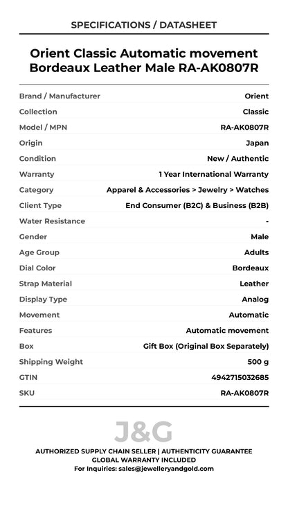 Orient Classic Automatic movement Bordeaux Leather Male RA-AK0807R - Specifications