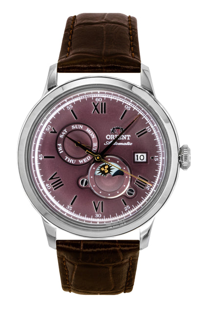 Orient Classic Automatic movement Bordeaux Leather Male RA-AK0807R. A brand-new Orient Classic watch featuring a Bordeaux dial and a Leather strap. Front view.