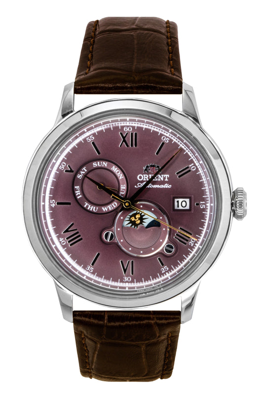 Orient Classic Automatic movement Bordeaux Leather Male RA-AK0807R. A brand-new Orient Classic watch featuring a Bordeaux dial and a Leather strap. Front view.