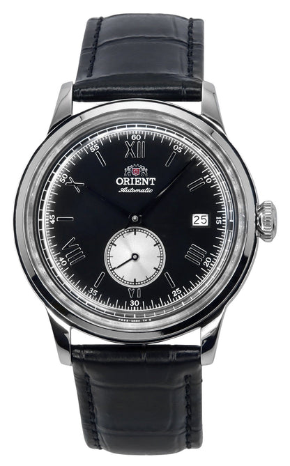 Orient Bambino Automatic movement Black Leather Male RA-AP0101B. A brand-new Orient Bambino watch featuring a Black dial and a Leather strap. Side view.
