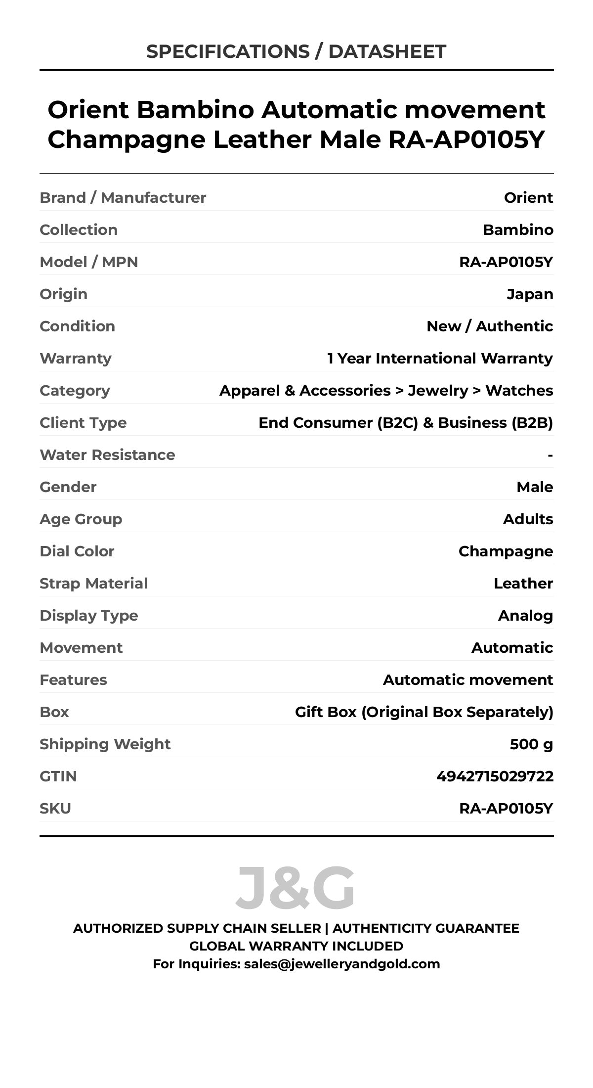 Orient Bambino Automatic movement Champagne Leather Male RA-AP0105Y - Specifications