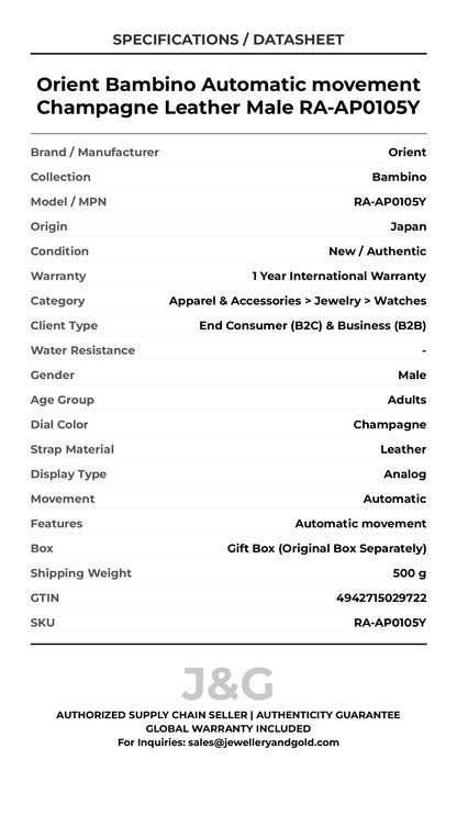 Orient Bambino Automatic movement Champagne Leather Male RA-AP0105Y - Specifications