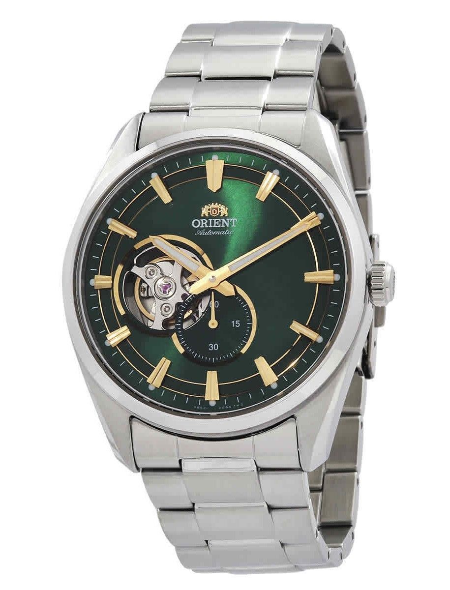 Orient Contemporary Automatic movement Green Stainless steel Male RA-AR0008E10B. A brand-new Orient Contemporary watch featuring a Green dial and a Stainless steel strap. Angled view.
