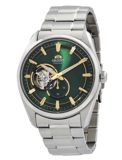 Orient Contemporary Automatic movement Green Stainless steel Male RA-AR0008E10B. A brand-new Orient Contemporary watch featuring a Green dial and a Stainless steel strap. Angled view.