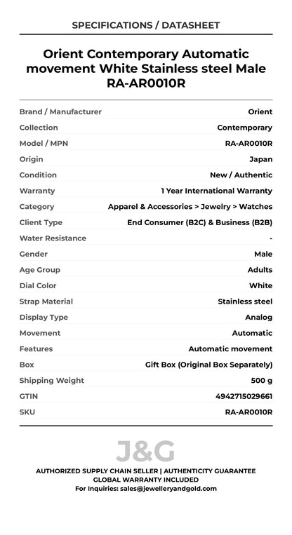 Orient Contemporary Automatic movement White Stainless steel Male RA-AR0010R - Specifications