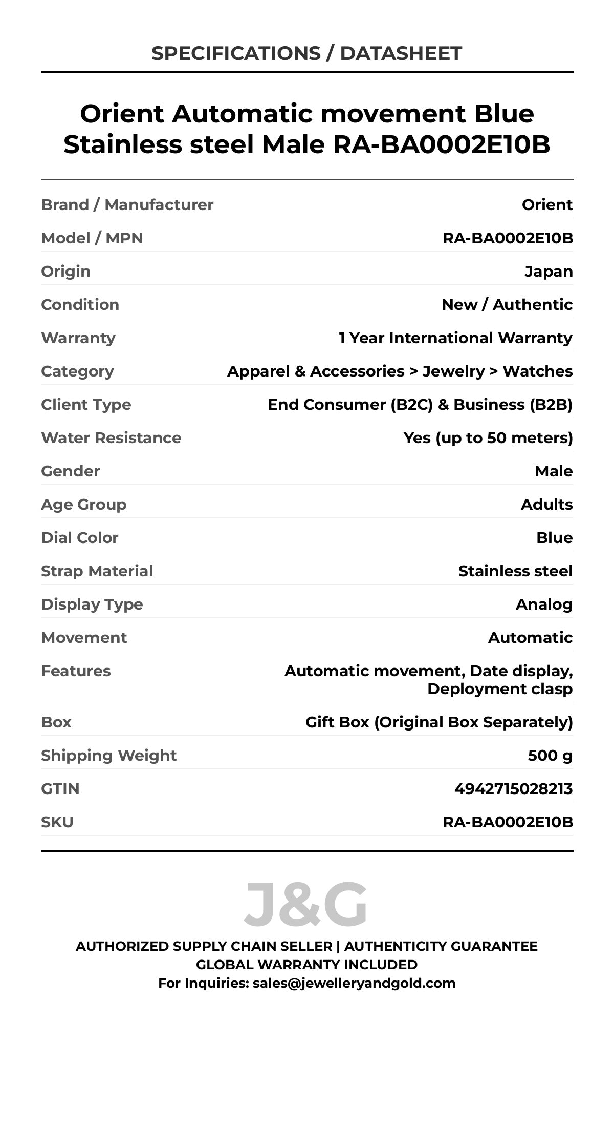 Orient Automatic movement Blue Stainless steel Male RA-BA0002E10B - Specifications