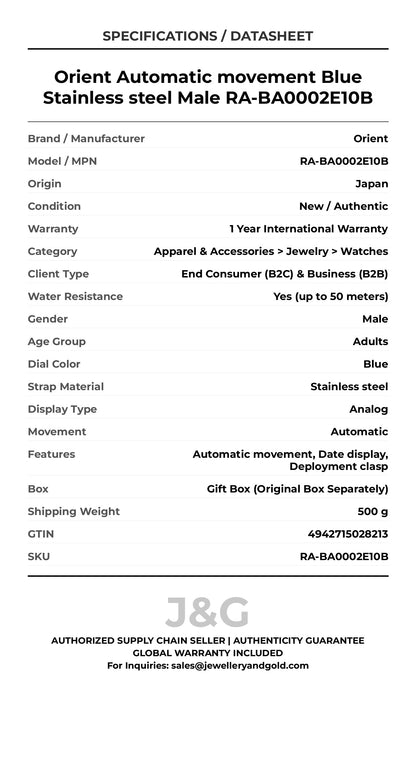 Orient Automatic movement Blue Stainless steel Male RA-BA0002E10B - Specifications