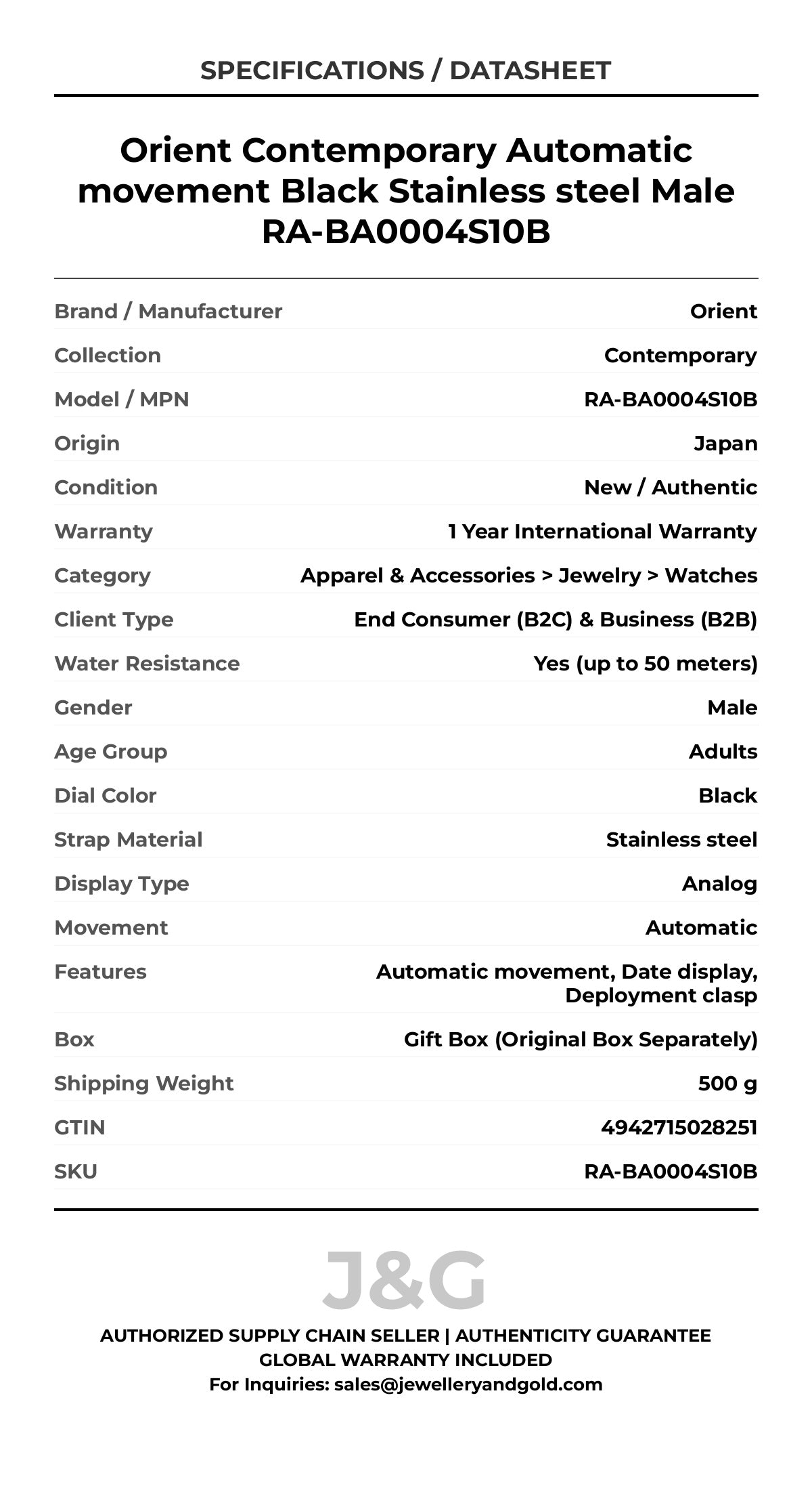 Orient Contemporary Automatic movement Black Stainless steel Male RA-BA0004S10B - Specifications