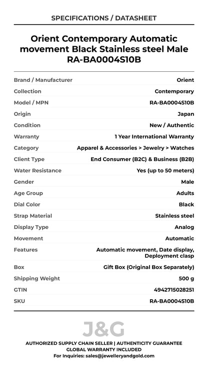 Orient Contemporary Automatic movement Black Stainless steel Male RA-BA0004S10B - Specifications